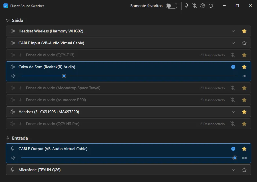 Janela do Fluent Sound Switcher com as listas de Saída e Entrada: o dispositivo em uso destacado com o slider de volume aberto, favoritos marcados com estrela e três fones desconectados esmaecidos, mantendo o lugar na lista.