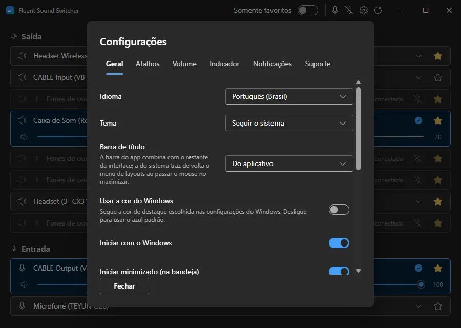 Aba Geral das configurações, com idioma Português (Brasil), tema seguindo o sistema, barra de título do aplicativo e as chaves de cor do Windows, iniciar com o Windows e iniciar minimizado.