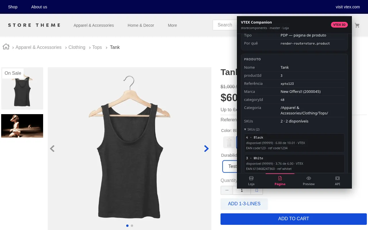 Popup do VTEX Companion aberto sobre uma página de produto, mostrando nome, referência, marca, categoria e a lista de SKUs com EAN, seller, preço e disponibilidade.