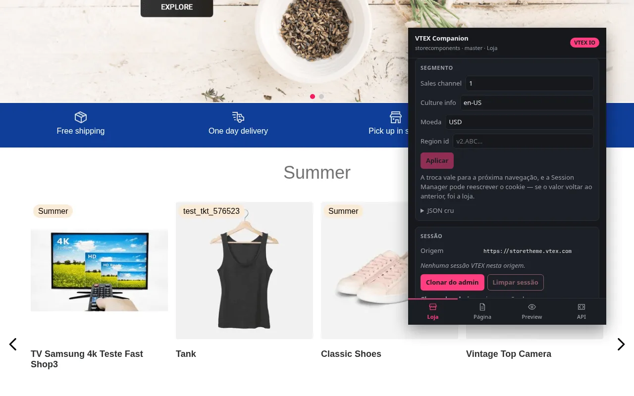 Popup na aba Loja sobre uma loja VTEX IO, com o bloco Segmento mostrando sales channel, culture info, moeda e region id editáveis, e o bloco Sessão logo abaixo com os botões de clonar do admin e limpar sessão.